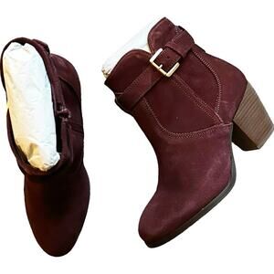 DIBA Women’s Suede Sleek Buckle Ankle Stacked heel Bootie burgundy-Size 5.5